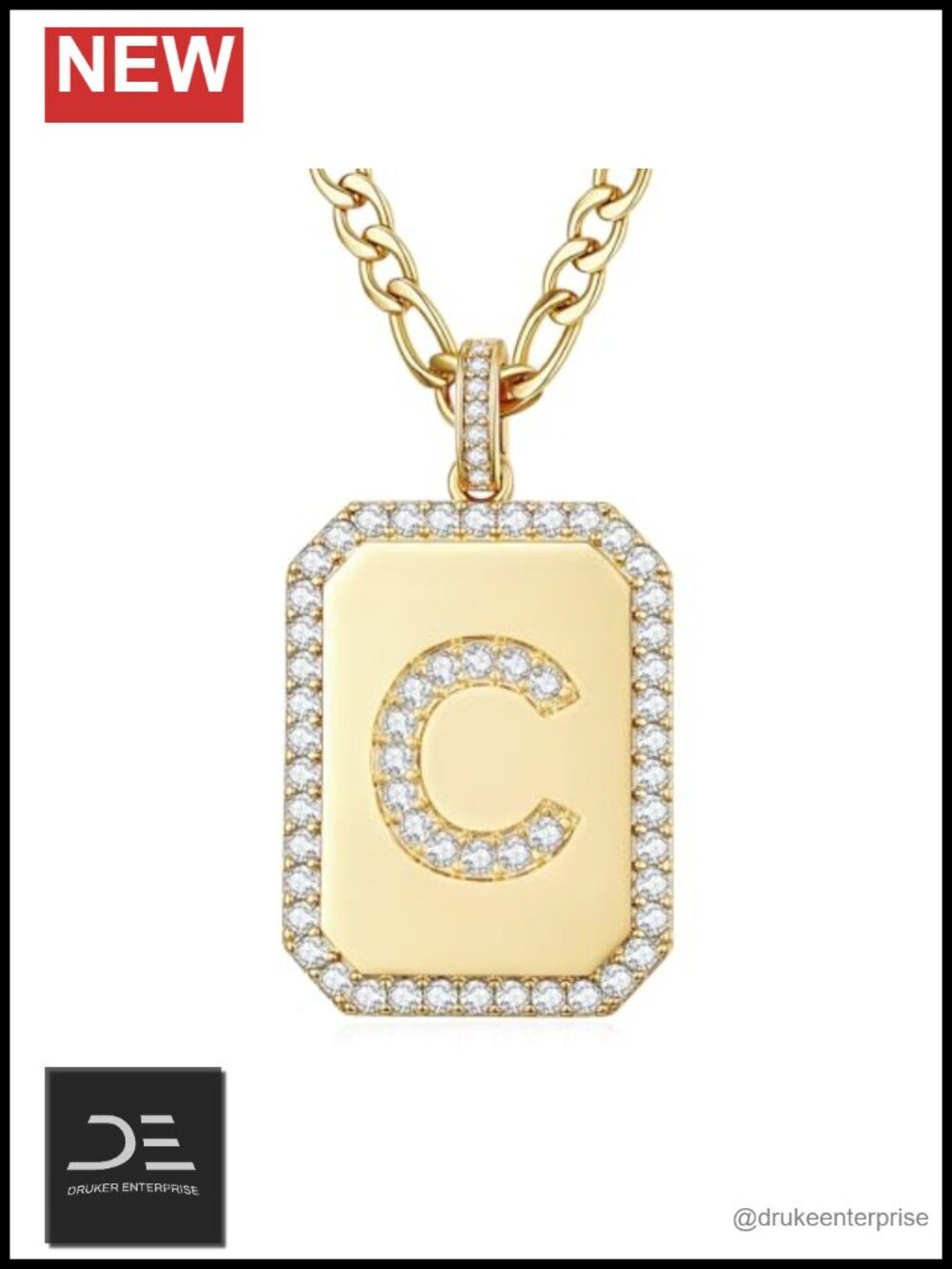 14K Gold Plated Initial Necklace with Cubic Zirconia Square Pendant Figaro Chain